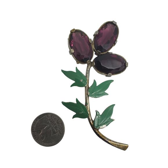 Purple Flower Brooch Gold Tone Vtg Amethyst Glass Stone Green Enamel Pin Retro - Picture 9 of 9